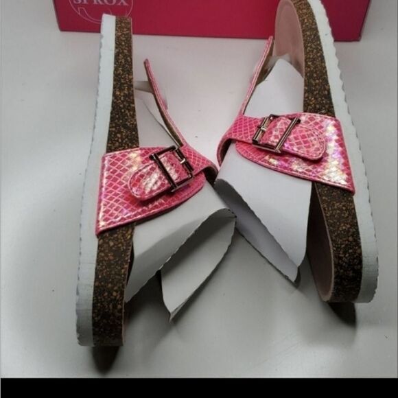 NEW 3 SPROX PINK IRRIDESCENT THONG TSTRAP FRISCO CORK BIRKENSTOCK STYLE SANDALS - Picture 6 of 8